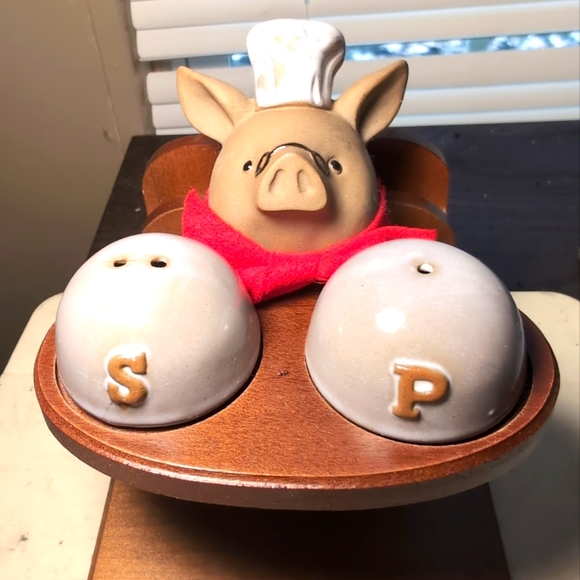 Vintage Kato Kogei Chef Pig Salt & Pepper Shakers Card Holder Hand Painted Japan - Picture 4 of 12